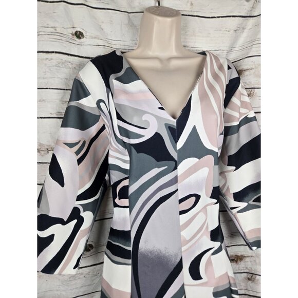 Natori Mod Print Midi Dress 16 Gray Blush Pleated Womens V-neck Stretch - Picture 2 of 7